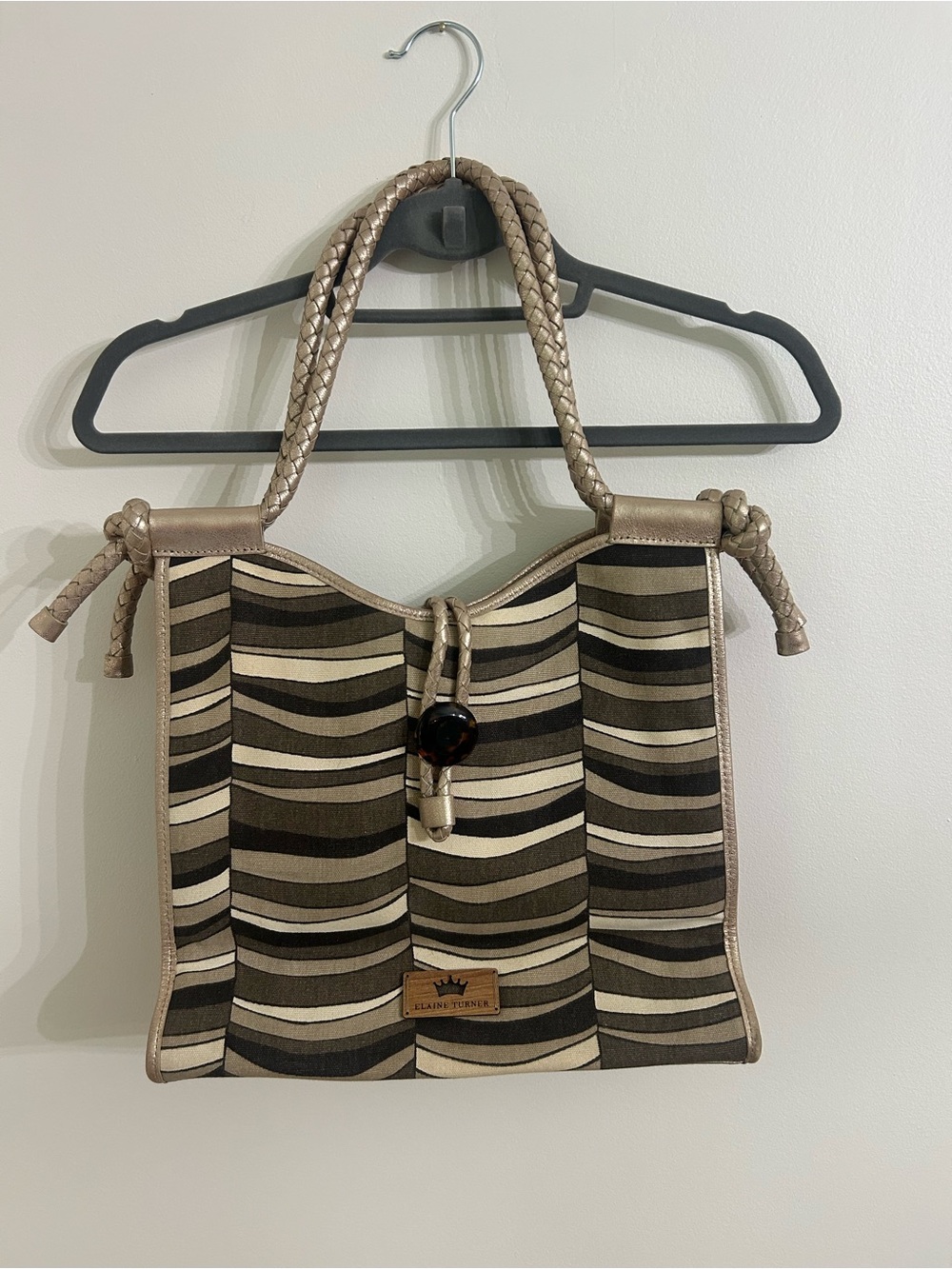 Elaine Turner Striped Taupe, Ivory & Brown Braided-Handle Tote
